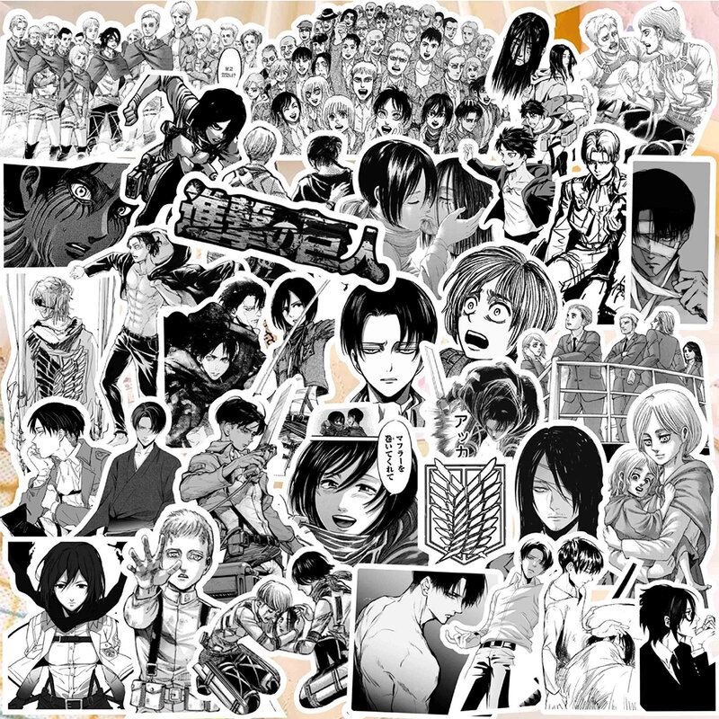 Stiker serangan on Titan Anime klasik, 10/30/70 buah stiker grafiti hitam dan putih Keren stiker kartun Skateboard Laptop