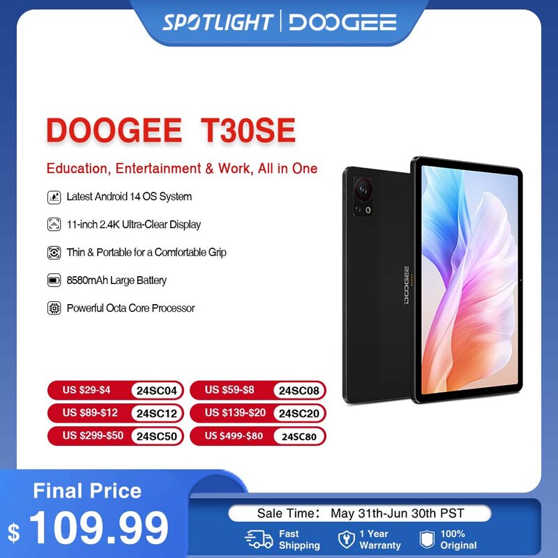 World Premiere DOOGEE T30SE Tablet Android 14 T606 Octa Core 11" 2.4K TÜV Certified 9GB(4+5) 128GB 8580mAh Quad Speakers Tablet