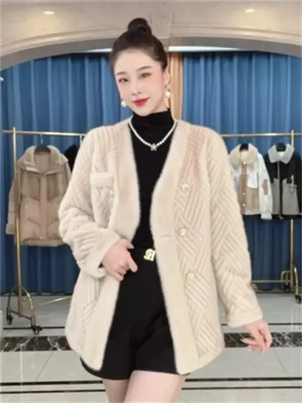 Fur Coat Women's 2024 New Winter Warm Suede Mink Double-breasted Button Cardigan Long-Sleeved Fur Add Outwear Ladies