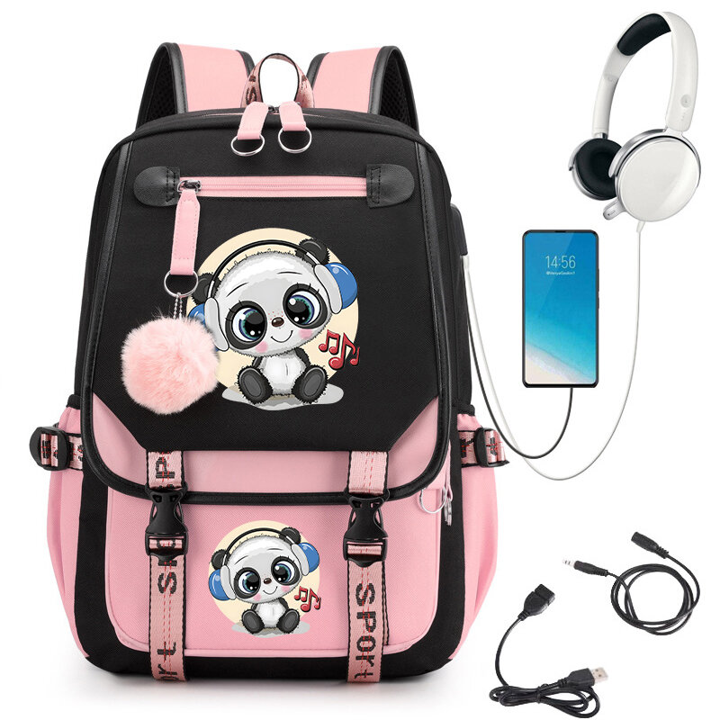 Tas ransel sekolah anak perempuan remaja Anime Panda tas buku Laptop bepergian ransel lucu tas punggung siswa utama
