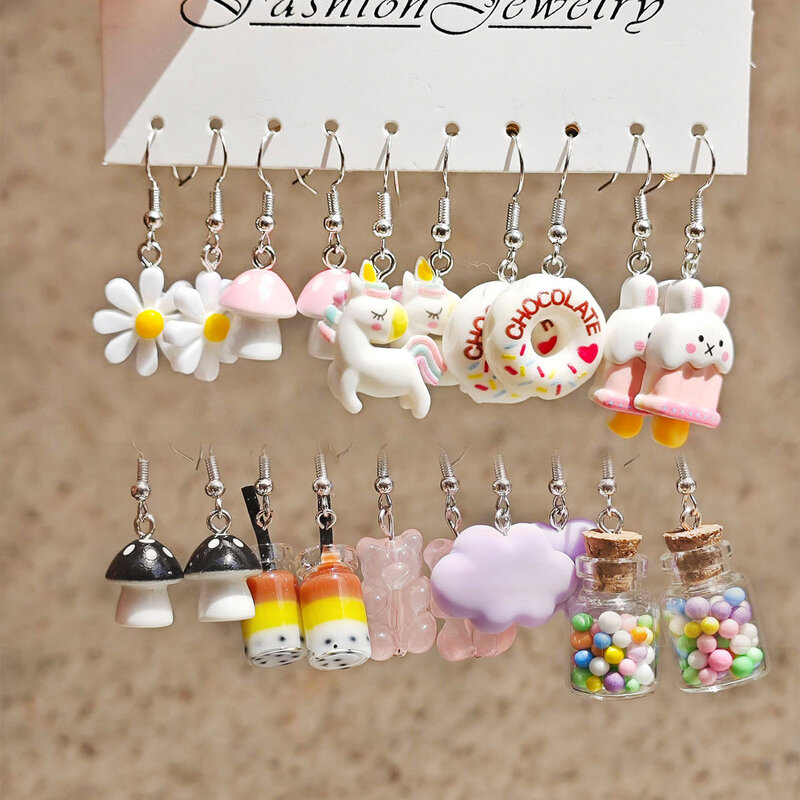 10 Pair Set Small Fresh Colored Resin Animal Pendant Earrings Art Sweet and Cute Flower Butterfly Milk Tea Earrings Female