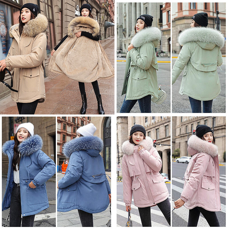 Jaket wol bertudung hangat untuk wanita, mantel wol buatan Parker tebal kasual modis musim dingin