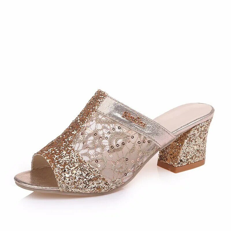Fish Mouth Middle Heel Mesh Thick Heel Sequins Casual Fashion European and American Trend Ladies Slippers Summer