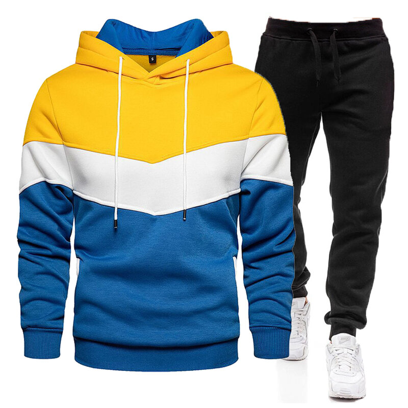 Autumn and winter warm hooded Sweatshirt+trousers suit Men's hooded patchwork sweater 2-piece pullover Hoodie Sportswear suit