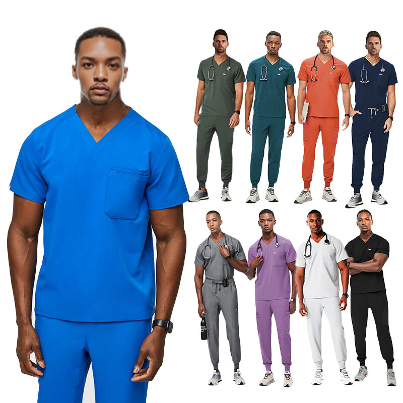 男性用獣医外科用ユニフォーム、作業服、ジョガー、男性用低木セット、衛生、医療、看護、臨床、緑、灰色、青、白