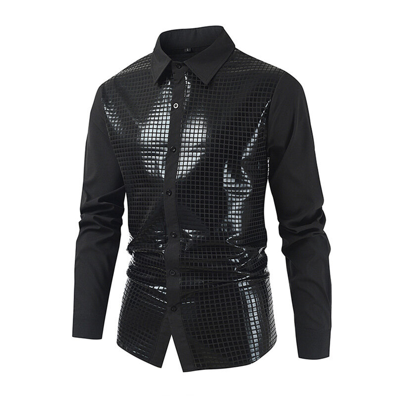 Camisa de botão de lantejoula espumante masculina, manga comprida, boate noturno noites 40, dança elegante competição