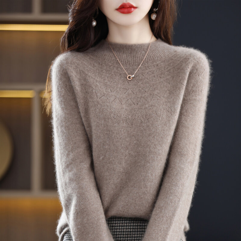 Camisola feminina 100% lã outono inverno meia gola alta solta manga longa curta pulôver oco moda de malha camisa de fundo
