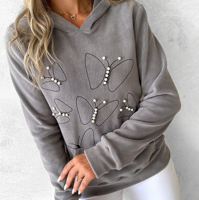 Women's Fashion Beaded Hooded Sweatshirt Female Casual Clothing Autumn & Winter Woman Long Sleeved Solid Pullover Hoodie
