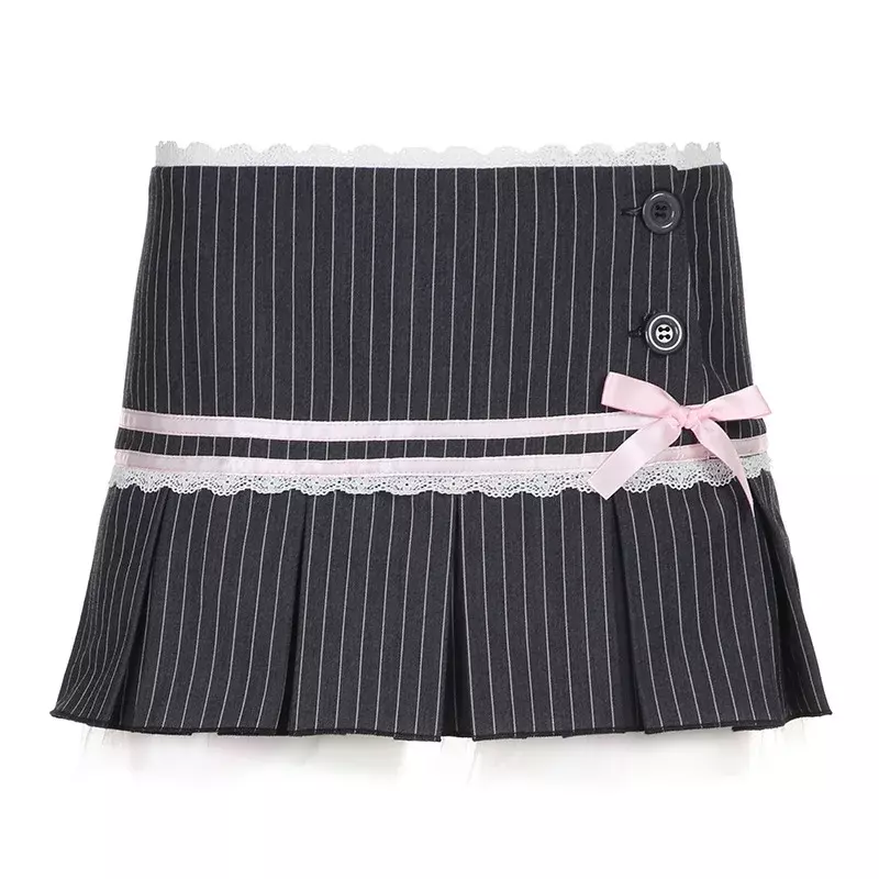 Minifaldas de empalme de encaje para mujer, falda de cintura alta con lazo, pliegues, informal, Invierno