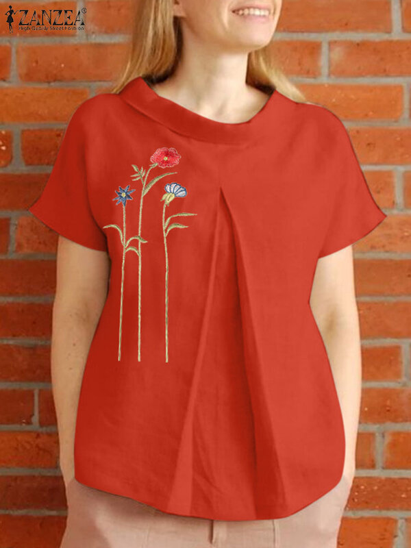 2024 zanzea เสื้อวินเทจสำหรับผู้หญิงใส่ฤดูร้อนเสื้อแขนสั้นเสื้อนอกลายดอกไม้ทำงานวันหยุดปักเสื้อแฟชั่นเสื้อหลวม