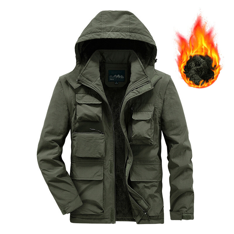 Jaqueta masculina multi bolsos com capuz, casual de inverno quente Parkas, velo, jaquetas militares masculinas, roupa ao ar livre, nova