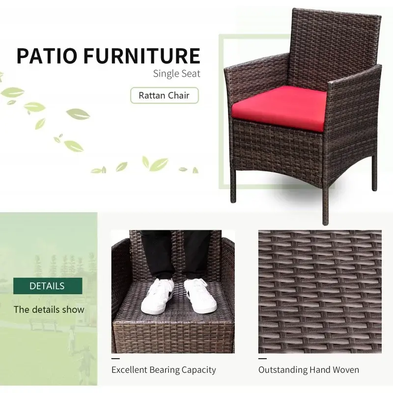 Greesum-屋外PE籐の椅子、柔らかいクッションとガラスのコーヒーテーブル、パティオ家具セット、庭の裏庭、3個