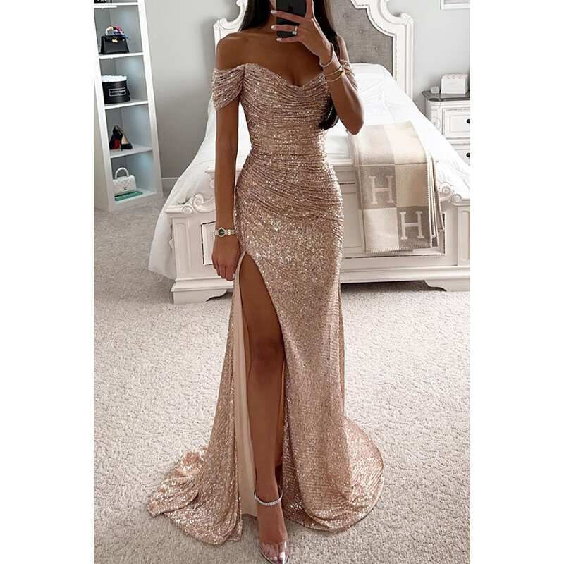 luxury Sexy Off-Shoulder Formal Occasion Dresses Women V-neck Sparkly Floor Length Cocktail Dress High Split Evening Party Gowns