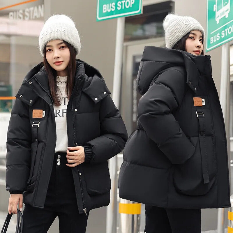 2023 neue Winter dicke Baumwolle gepolsterten Mantel Frauen Mode Kapuze Langarm Overs ize lose kurze Jacke weibliche warme Parkas