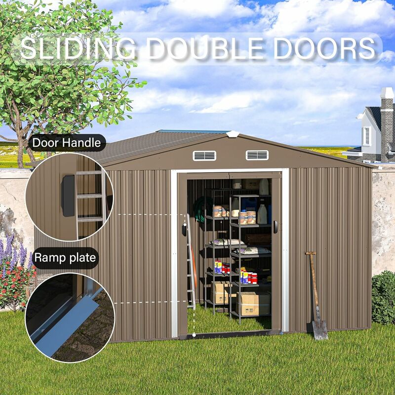 Gudang penyimpanan luar ruangan, gudang alat logam tahan air 10 'x 8' dengan pintu, pelat tanjakan untuk taman, halaman belakang, teras, di luar