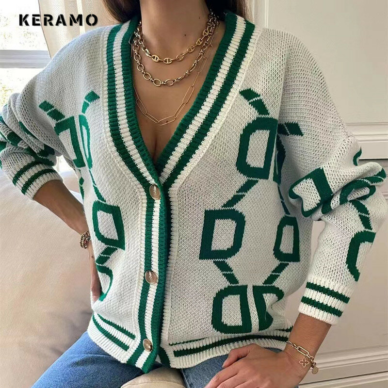 Women Vintage Print Knitting Long Sleeve V-neck Cardigans 2023 Winter Fashion Retro Casual Single Breasted Loose Fit Sweater