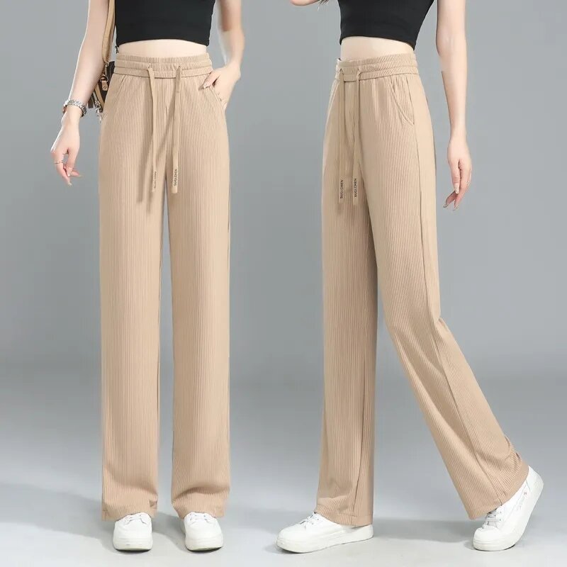 Pantalones de pierna ancha de seda de hielo para mujer, pantalón largo informal de cintura alta elástica con cordones, pierna recta, novedad de verano 2023