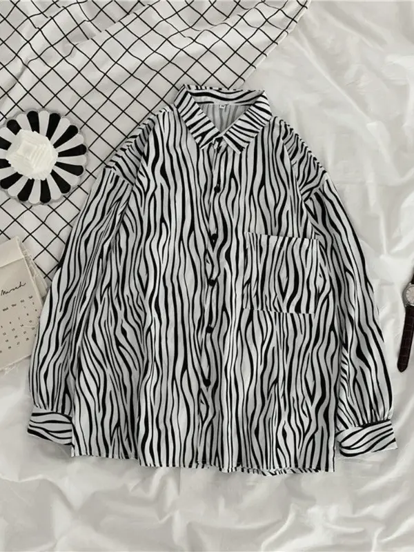 Large Size Zebra Shirt Women Autumn Striped Vintage Hip Hop Blouse All-match Punk Outer Wear Casual Mid-length Long-sleeved Top