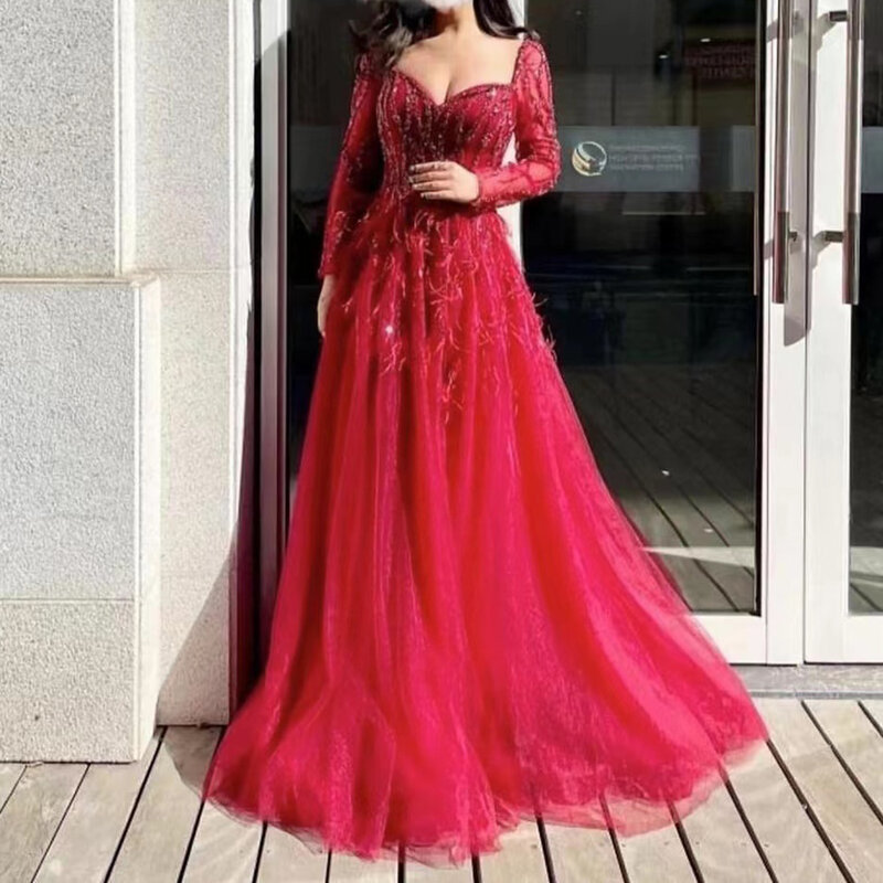 Tulle Prom Dresses Beaded Feathers Long Sleeves Pageant Party Formal Evening Gowns Zipper Back Robe De Soiree Dubai