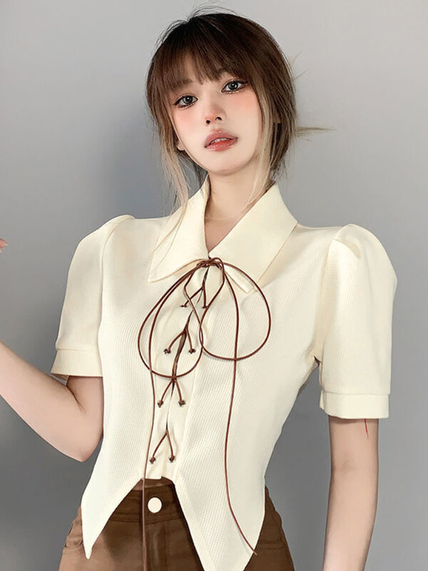 Korean Summer Y2K Style Sexy Woman Shirt Cream Color Vintage Strap Design Puff Sleeves Hot Girl Shirt Chic Goddess Shirt Top