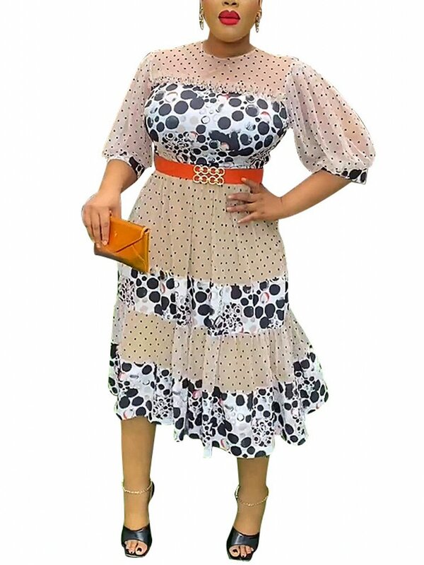 Africa Party Dress Women Clothing Print Patchwork Chiffon Dress Casual Polka Dot Dress Big Size Robe Africaine Femme Bazen Riche