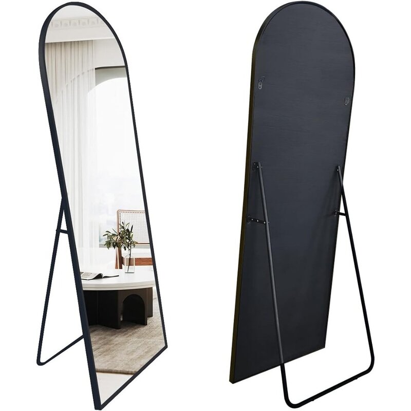 Espelho de chão para quarto, moldura de alumínio, espelho de corpo inteiro, espelho superior arqueada, suspenso ou inclinado, 70x31 polegadas