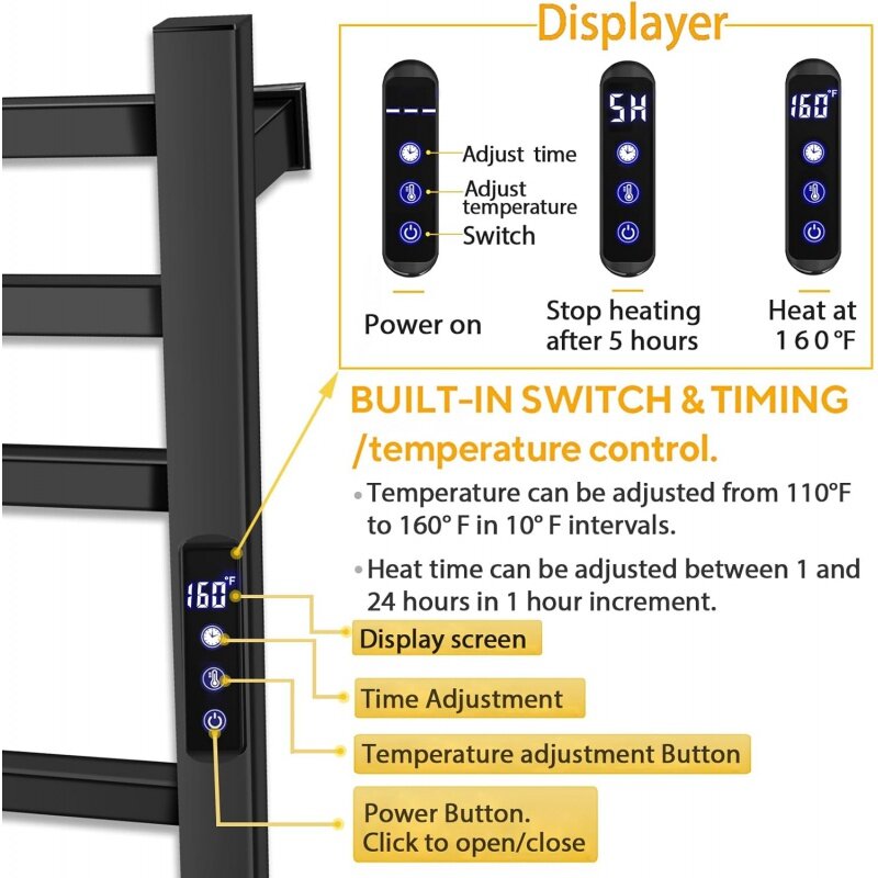 Zwarte Handdoek Warmer Rek Voor Badkamer Met Timer/Fahrenheit Display Elektrisch Verwarmd 10 Bars Droograil Plug-In Of Hardwired Muur
