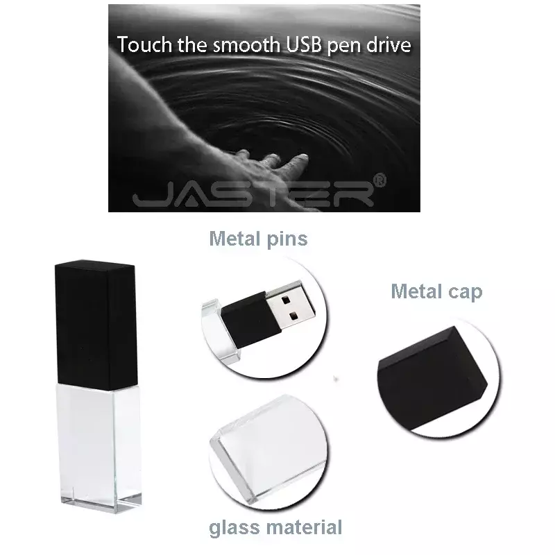 JASTER-Crystal USB 2.0 Flash Drive, Pen Drive, Criativos, Presentes de Casamento, Logotipo personalizado grátis, 100% Real Capacity, 32GB, 64GB, 128GB
