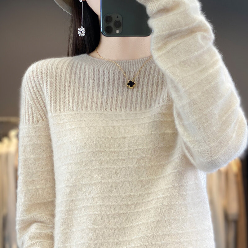 Pullover rajut wanita, pakaian sweter wol murni leher bulat lengan panjang bergaris musim gugur/musim dingin 100%