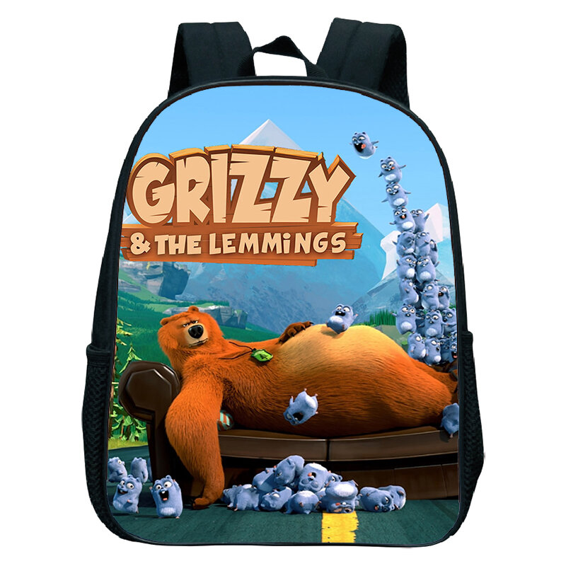 Mochila impermeável para meninos e meninas, Grizzy e Lemmings Print Mochilas para crianças do jardim de infância, sacolas escolares dos desenhos animados, bolsa de anime, nova