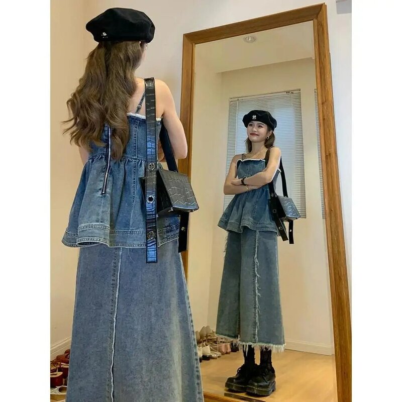女性の中国風デニムファッションセット,毛皮のエッジのスカートが付いたストラップレスタンクトップ,新しい夏のコレクション2024