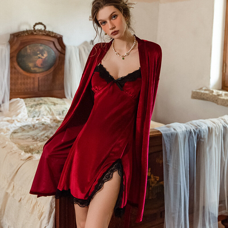 Velvet Bathrobe Gown for Lady Sexy Cami Sleepwear Autumn Winter Wedding Robe Suit Warm Nightgown Split Lace Trim Homewear