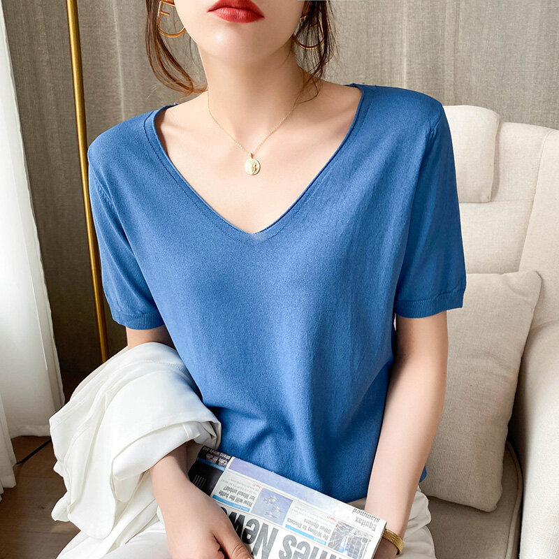 2022ฤดูร้อนบางสั้นผู้หญิง V คอหลวมเสื้อยืดสีทึบ Slim Fit All-Match ถักเสื้อกันหนาวเกาหลี Tops