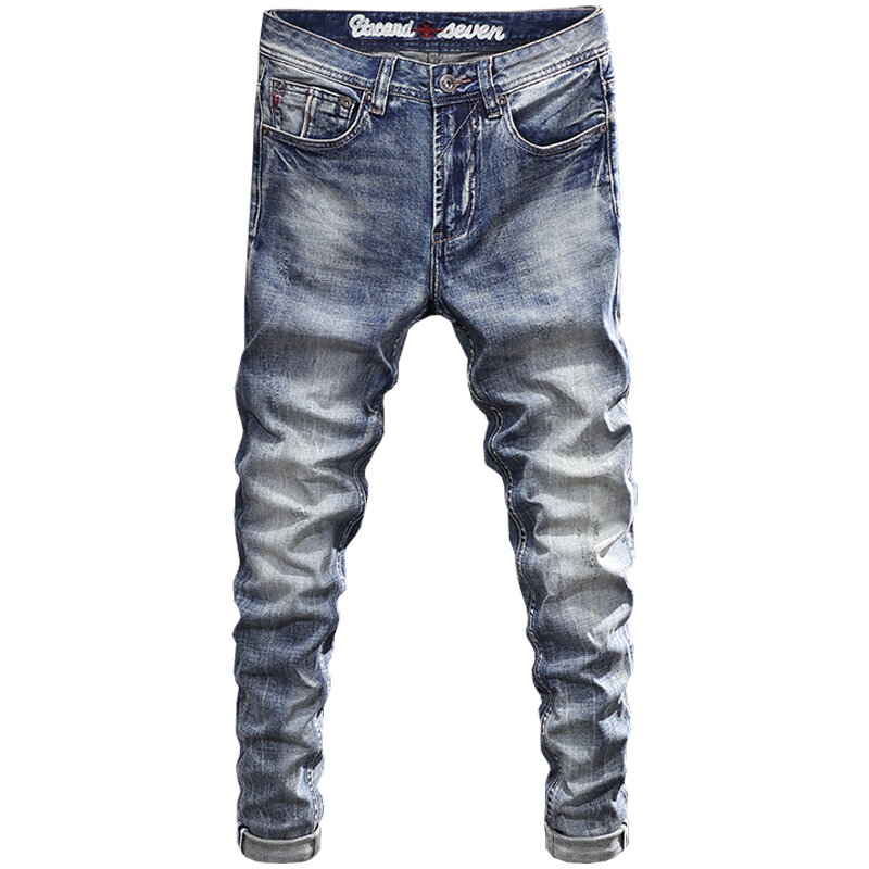 Modne męskie dżinsy niebieskie w stylu Retro wysokiej jakości elastyczne rozciągliwe dopasowanie dopasowane porwane jeansy mężczyzn w stylu Vintage casualowe spodnie jeansowe Hombre