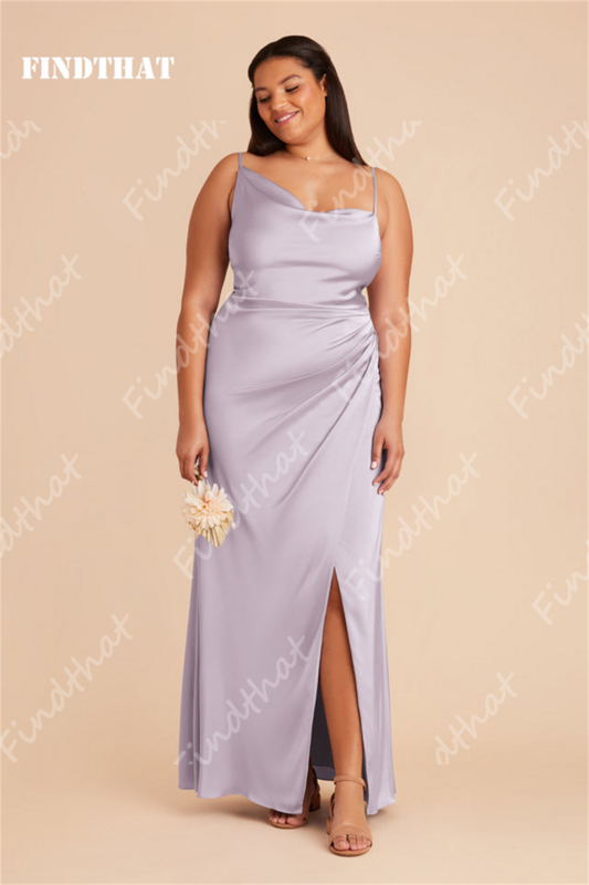 Findthat Simple Bridesmaids Prom Dresses 2024 Spaghetti-Straps Ruched Satin Side Slit Party Evening Gowns Wedding Guest Dresses