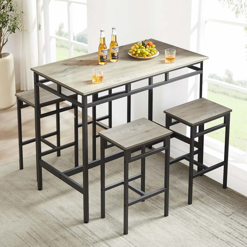5-Piece Bar Table Set, Industrial Counter Height Pub Table with 4 Stools for Kitchen Restaurant - Gray