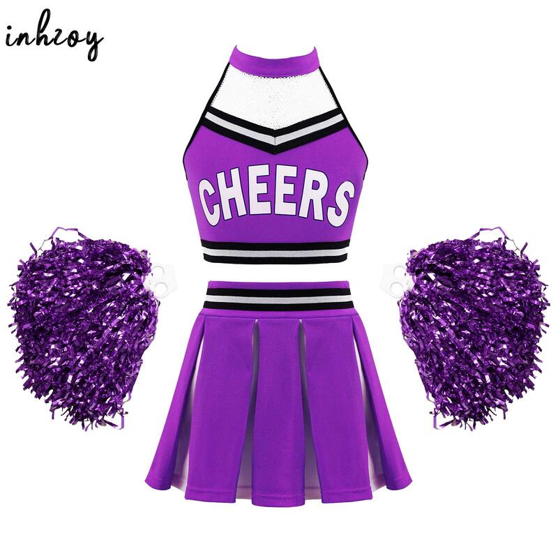 Crianças Meninas Cheerleader Uniforme Trajes De Dança Halter Mesh Patchwork Cheers Imprimir Top Colheita com Saia Plissada e Pompons Conjuntos