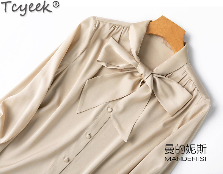 Tcyeek-Camisas femininas de manga comprida de seda amoreira, alta qualidade, estilo OL feminino, primavera, verão, 2022