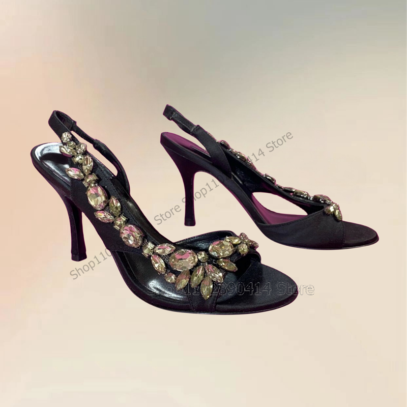 Sandálias Open Toe Hollow Cut Heel para mulheres, decoração de cristal, sapatos de cinta de tornozelo, salto alto fino, preto, novo, 2023