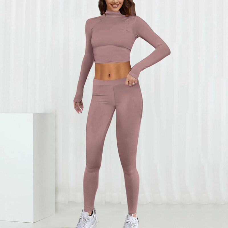 Conjunto de ropa de Yoga para mujer, Top corto de punto de Color sólido, pantalones de manga larga sin costuras, conjunto deportivo de dos piezas, traje para correr, 2024
