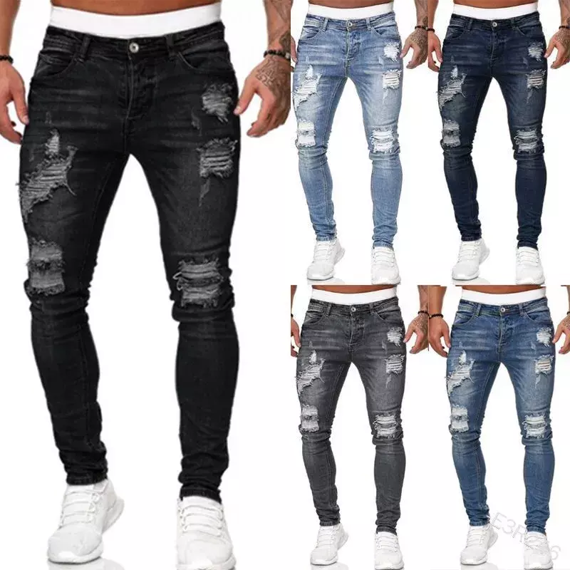 Jeans skinny rasgado para homens, calça jeans monocromática, calça lápis slim fit, jeans vintage, estilo de rua, moda casual, venda quente