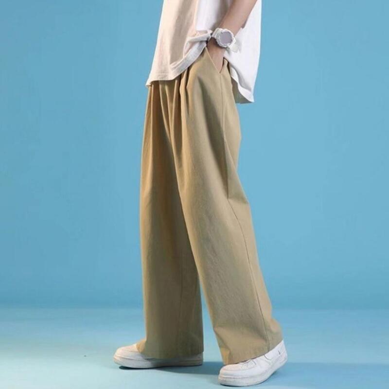 Celana pria serut pinggang elastis kaki lurus longgar tipis warna Solid Streetwear celana olahraga kasual