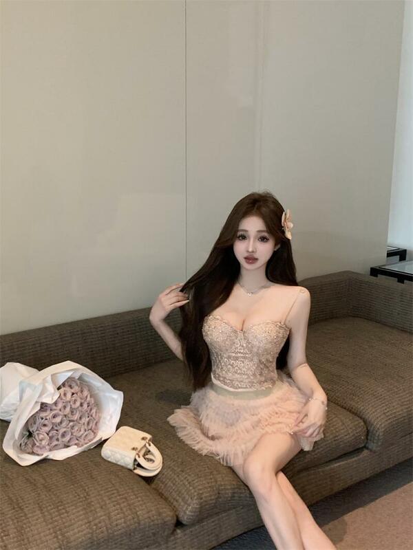 2024 Spring New Korean Lace Crystal Diamond Sexy Lace Camisole Women + Loose Pleated Mesh Cake Skirt Two-Piece