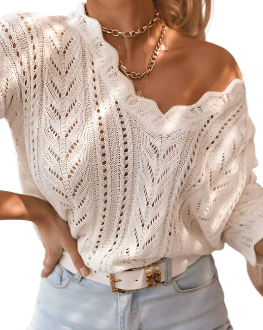 2023 New Women's Sweater Autumn Loose Hollow Out Fashion V-Neck Cardigan Long Sleeve Open Rib-knit Pullover Temperament Commuter