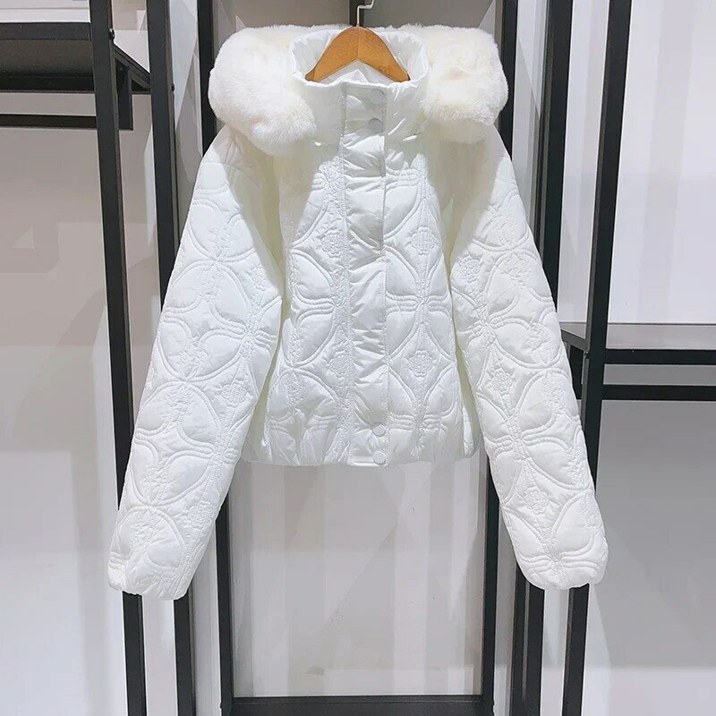 Abrigo corto con capucha para mujer, cuello desmontable, estampado en relieve, principios de primavera, novedad de 2024