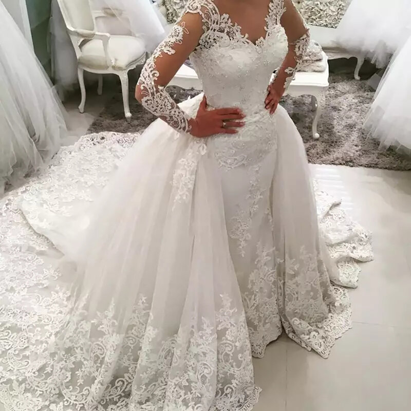 New 2 in 1 Arabic Amazing Detachable Train Mermaid Wedding Dress Long Sleeve Lace Bridal Wedding Gowns