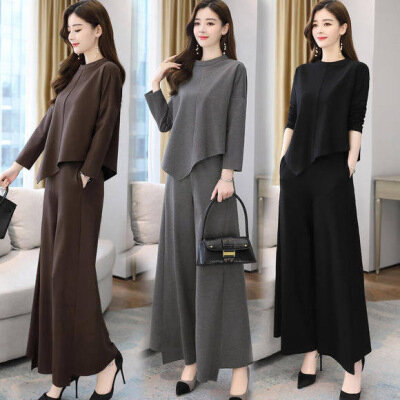 Women Tracksuit Two Pieces Set O Neck Long Sleeve Tops Wide Leg Pants Pockets Casual Warm Solid Winter Spliced Slight Strech