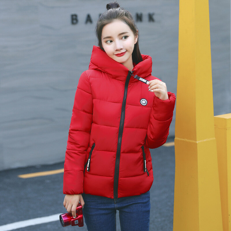 Jaket hoodie wanita, mantel ramping parka musim dingin tebal kasual berkerudung Fashion huruf katun hangat pendek ritsleting Korea