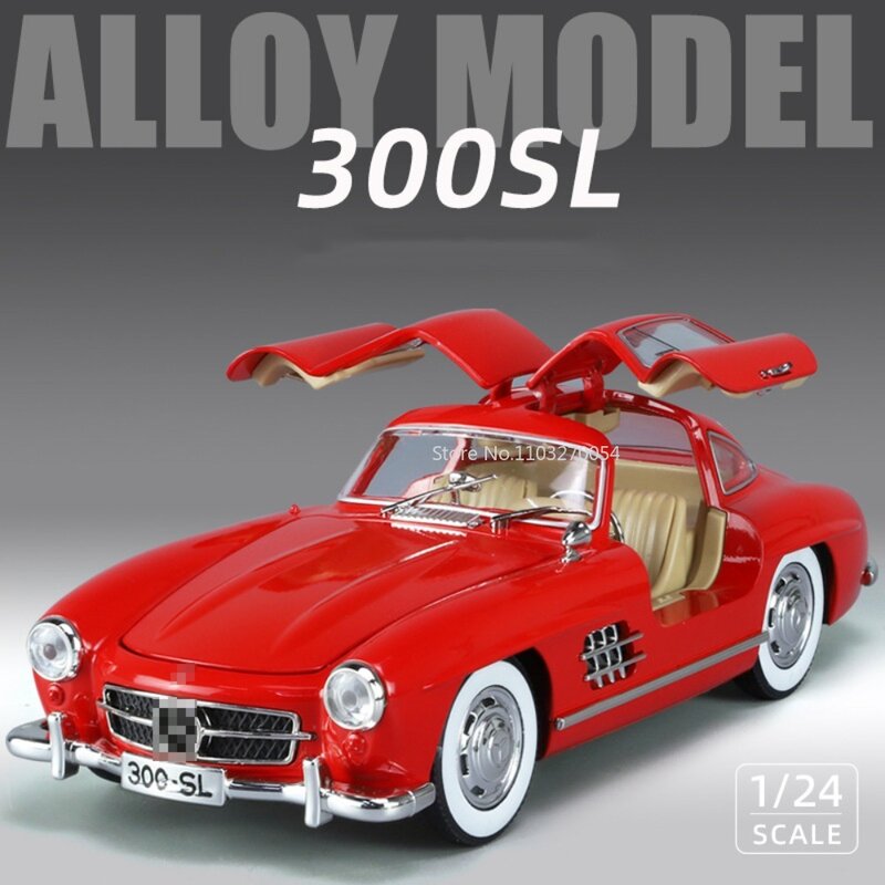 1/24 300SL Vintage Toys Cars Models Diecast Alloy 4 Doors Opened Rubber Tires Sound Light Vehicles High Simulation for Boy Gifts