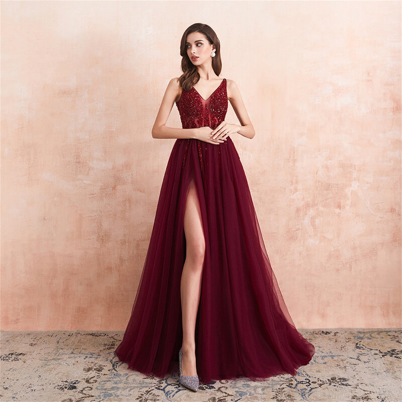 Gaun Prom panjang Tulle seksi 2023 keluaran baru bermanik belah A-Line leher-v gaun pesta malam acara khusus